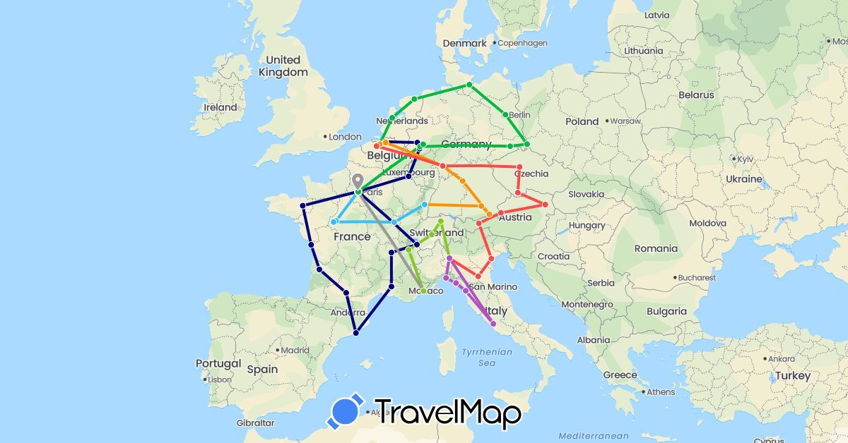 TravelMap itinerary: driving, bus, plane, train, hiking, boat, hitchhiking, electric vehicle in Austria, Belgium, Switzerland, Czech Republic, Germany, Spain, France, Italy, Luxembourg, Netherlands, Poland (Europe)